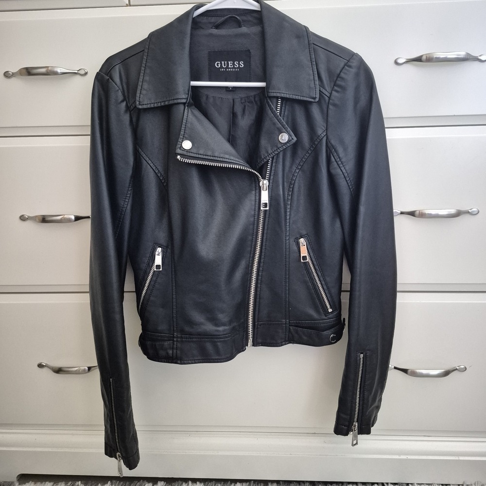 Guess Faux Leather Women's Motorcycle Jacket Size Small Black Full Zip